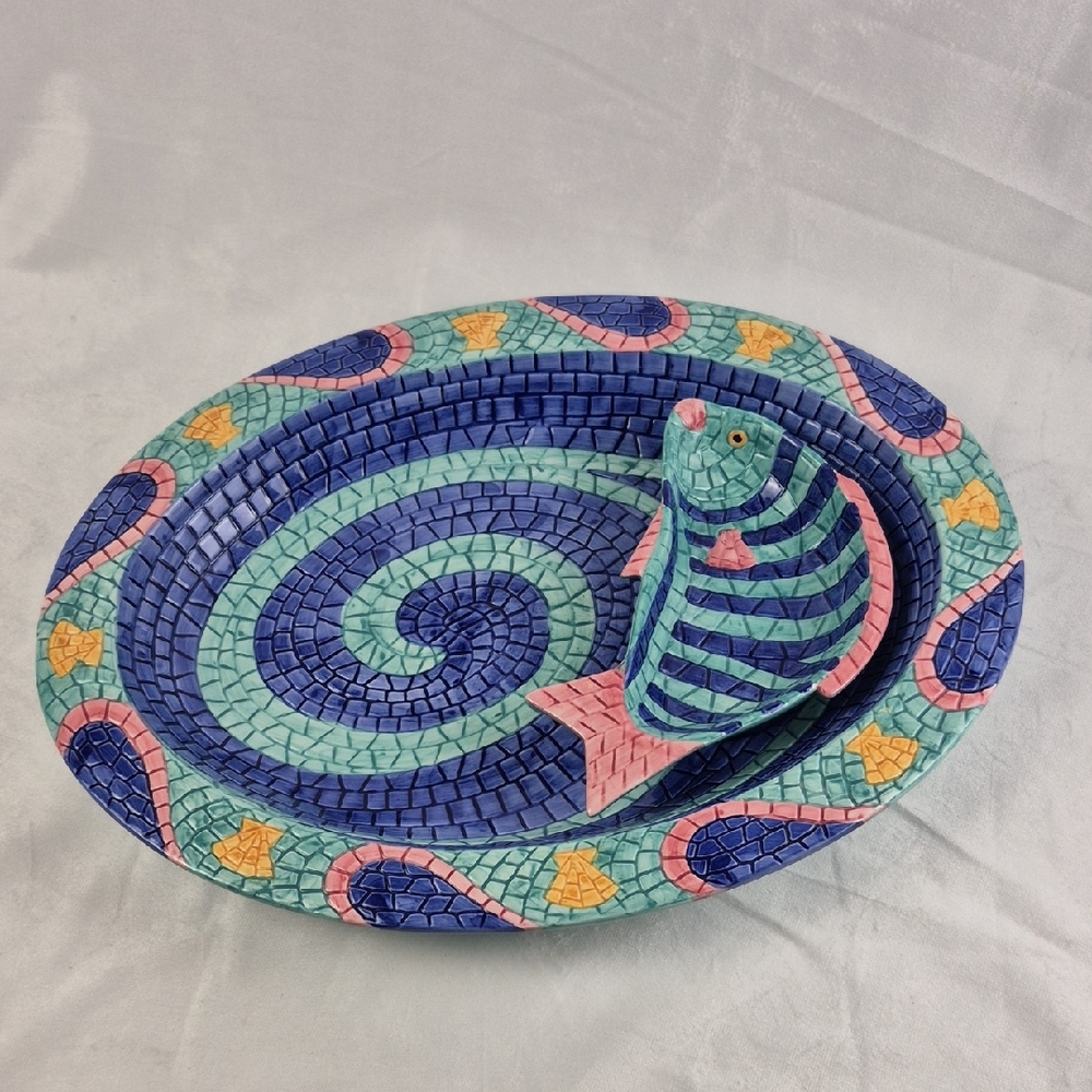 CLAY ART MOSAIC FISH PLATTER AND DIP SET - Vintage - 1995 - Read Description